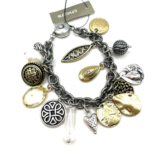 Charm Chicos Silver Bracelet. Big Charms  Pearl, Crystal, Coins Mixed Metals - Picture 1 of 14